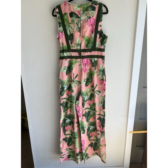 Farm Rio FLAWED Palm Jumpsuit Women’s M Pink Green Floral Wide Leg Deep V - Picture 2 of 14